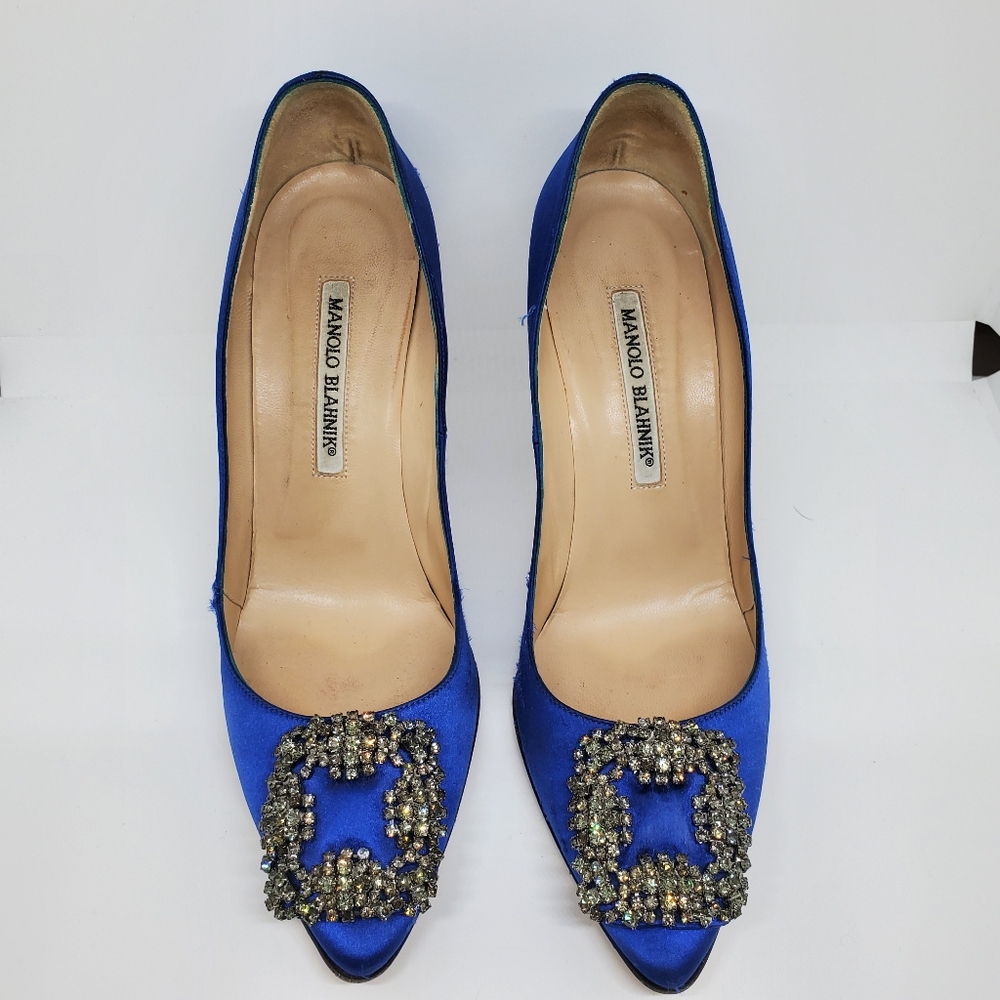 Manolo Blahnik Cobalt Blue Satin Crystal Buckle Pumps